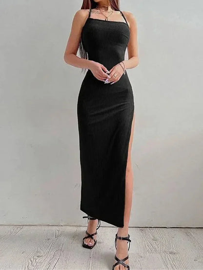 Sexy Black Long Bodycon Dress Women Summer Sleeveless Blackless Halter Neck Spaghetti Strap Dresses High Split Vestidos - Empire P.E