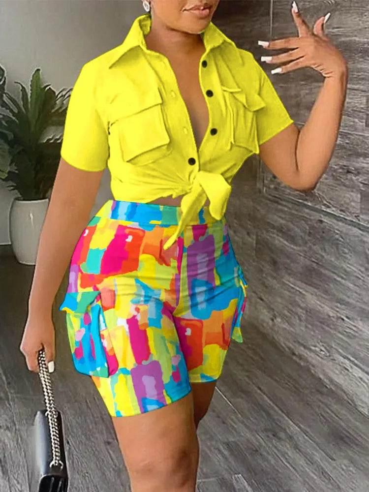 Pant Sets Women Printed Short Sleeved Shirt, 2-piece Suit With Pockets, Shoelace Top, Shorts, Thin Handbag, Summer - Empire P.E