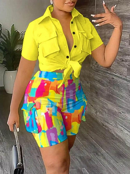 Pant Sets Women Printed Short Sleeved Shirt, 2-piece Suit With Pockets, Shoelace Top, Shorts, Thin Handbag, Summer - Empire P.E