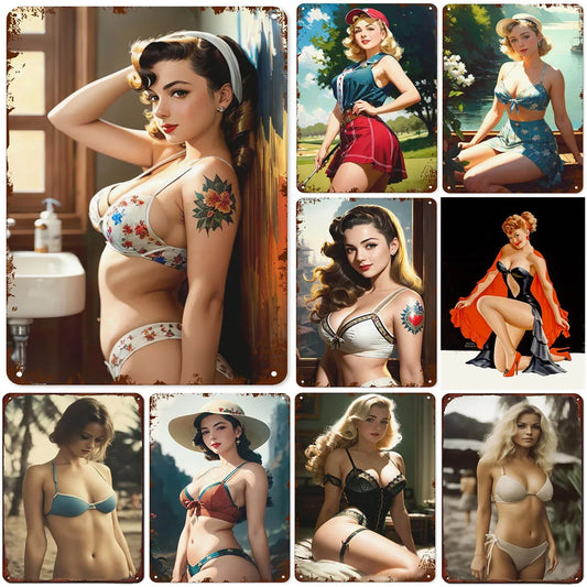 Vintage Metal Tin Signs Pinup Girls Wall Decor