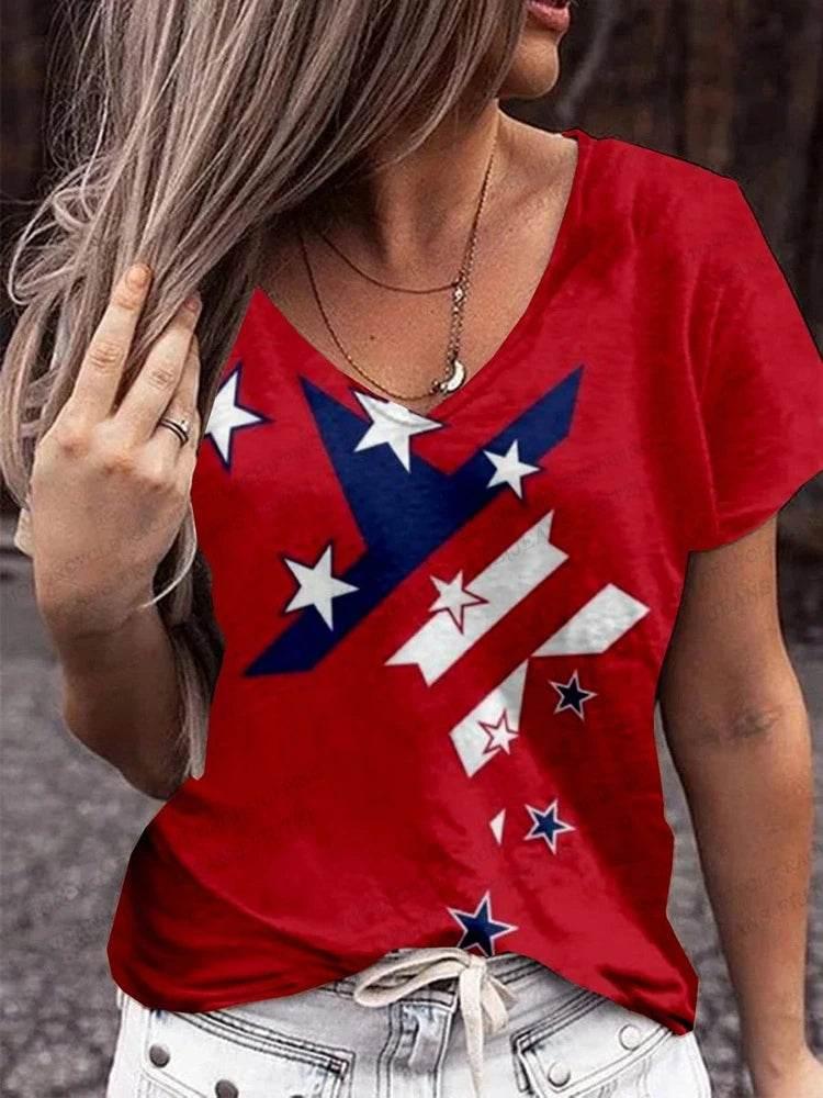 American Flag 3d Print T-shirt Women Fashion V-Neck T-shirts Short Sleeve Tops Tees Loose Casual Tees Vintage Camisetas USA Flag - Empire P.E