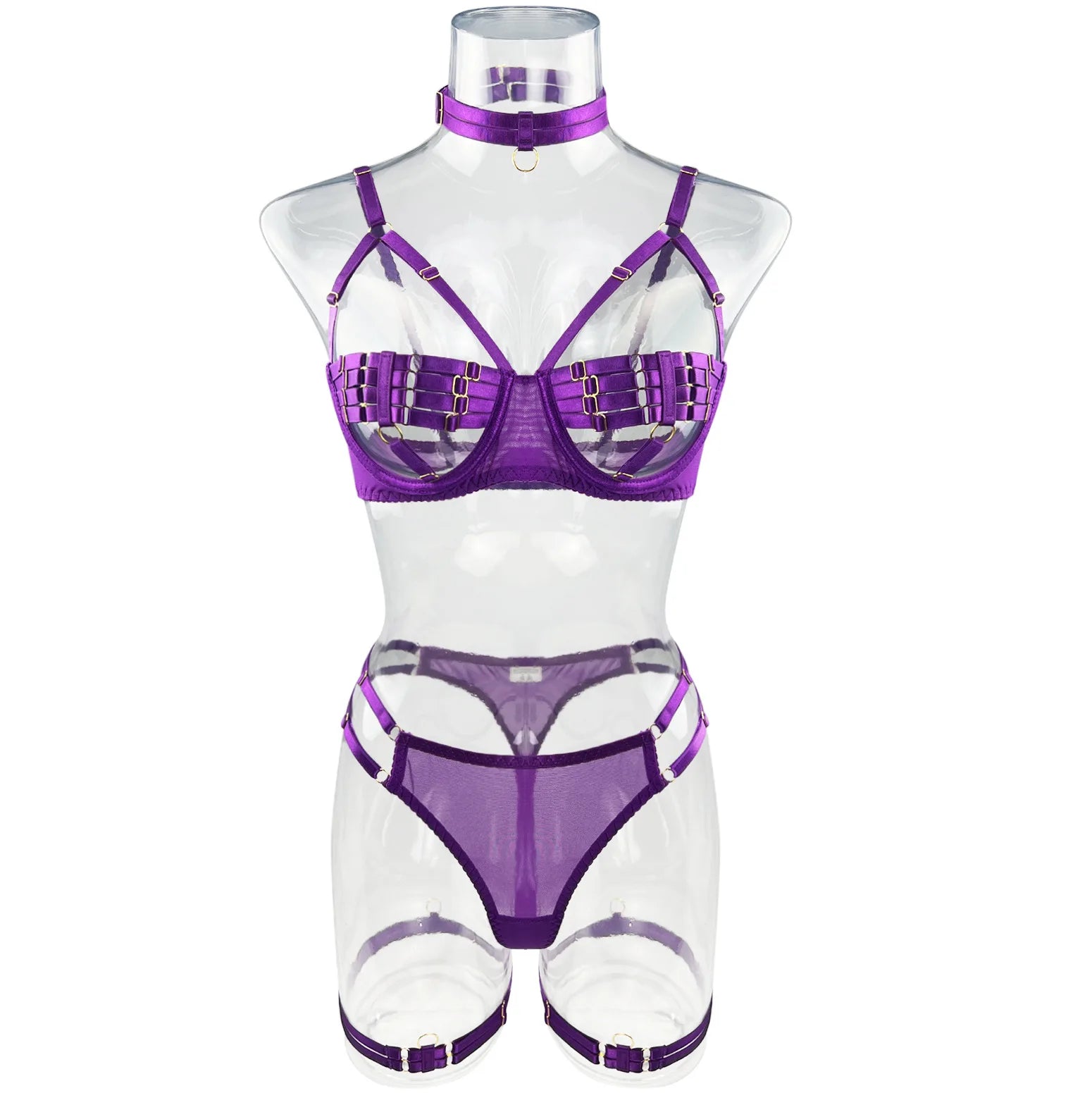 Yimunancy 4-Piece Bandage Erotic Set Women Choker Cut Out Solid Vintage Purple Sexy Lingerie Set Breif Kit - Empire P.E