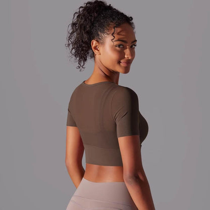 Solid Color Yoga Short Sleeve Sexy Double Layer Yoga Tank Top Spliced Mesh Yoga Clothing Top Fitness Running Sports Bra Women - Empire P.E