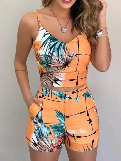 Print Spaghetti Strap Crop Top & Short Sets - Empire P.E