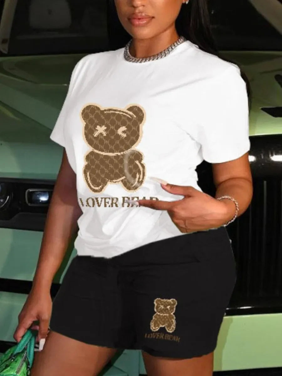 plus size cartoon bear print hooded sweater+woolen pants set