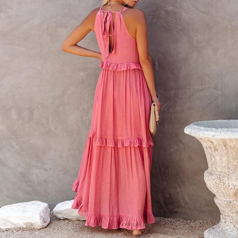 Women Casual Solid Ruffles Long Dress - Empire P.E