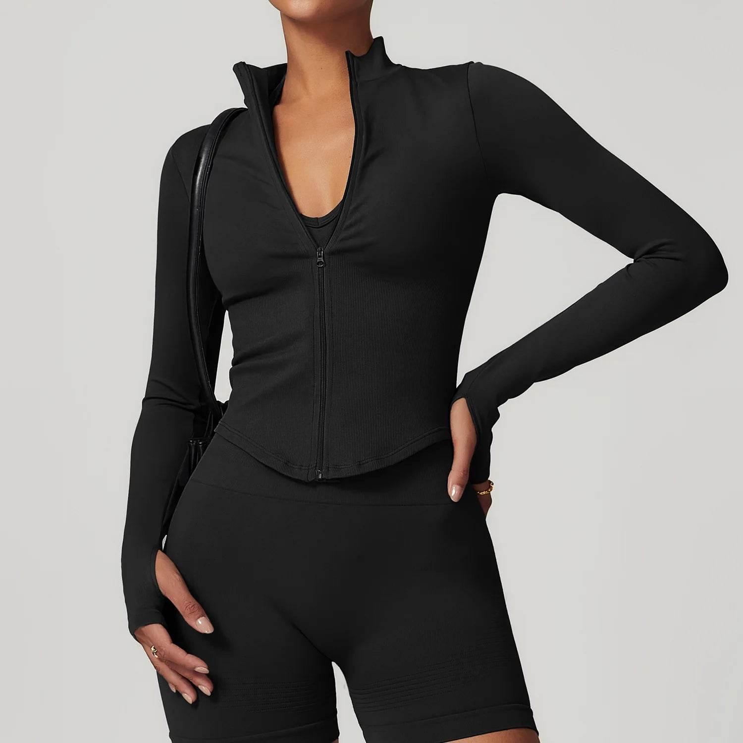 Women Seamless Zipper Jacket Yoga Long Sleeved Gym Top Ribbed Yoga Stand Collar Jacket Running Workout Sport Coat Women's Shirts - Empire P.E