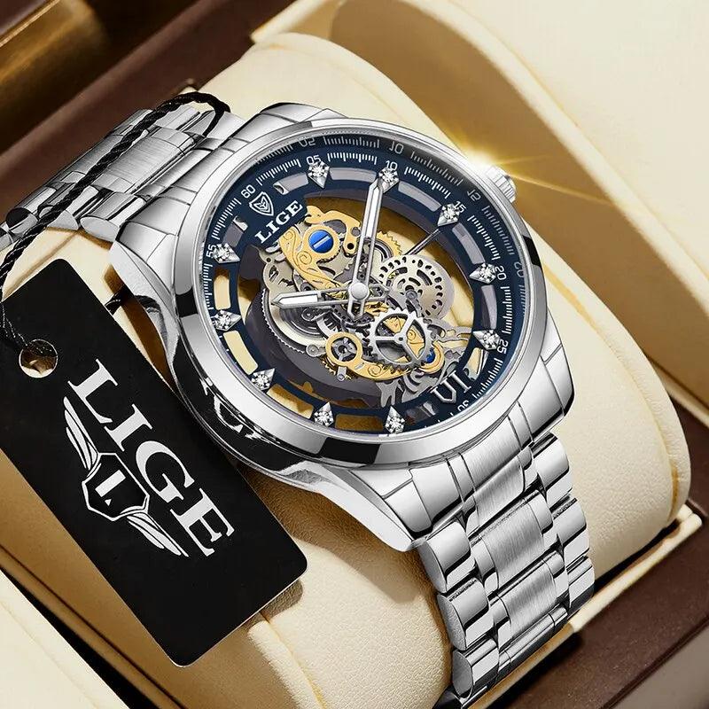 LIGE New Men Watch Skeleton Quartz Wristwatch Gold - Empire P.E