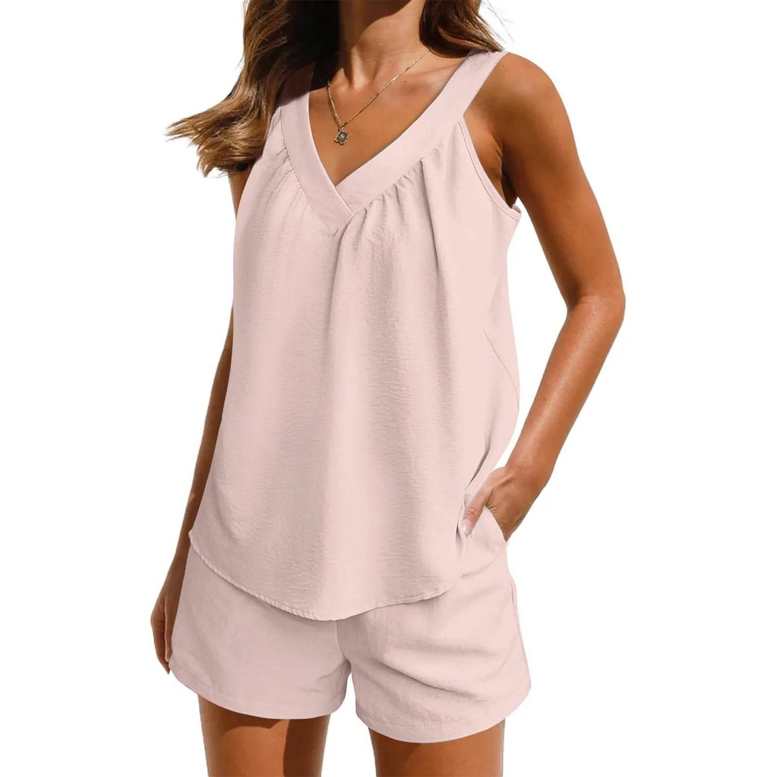 Women'S Summer Casual Suit New Urban Casual Women'S Solid Color Sleeveless Vest Elastic Shorts Home Clothes Two-Piece Set - Empire P.E