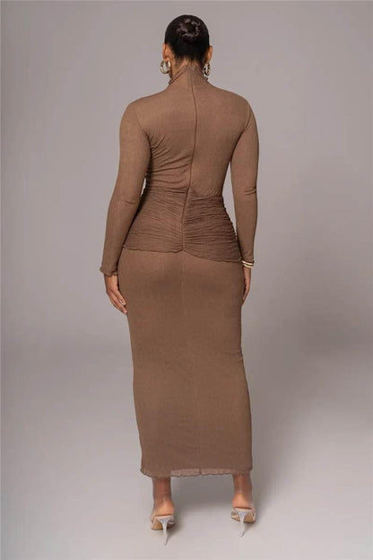 Mozision Elegant Long Sleeve Sexy Maxi Dress For Women Gown Fashion Drape Turtleneck Ruched Bodycon Club Party Long Dress - Empire P.E