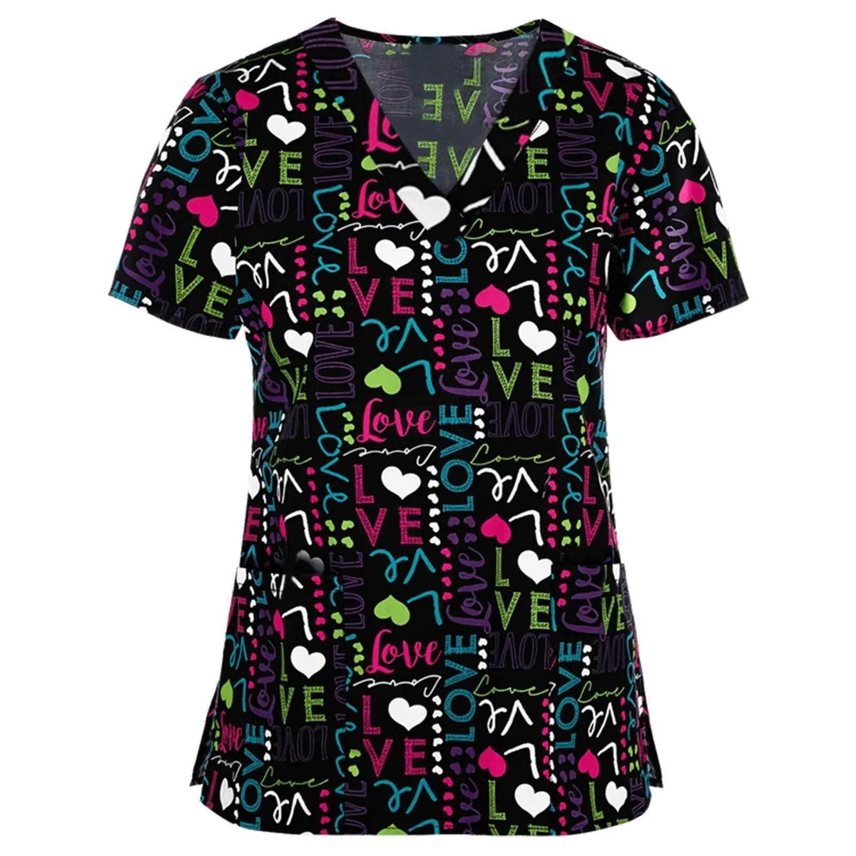 Women Working Uniform Animal Print Cartoon Cat Dog Short Sleeve V-neck Tops - Empire P.E