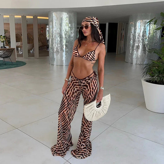 3 Pieces Print Bikini Swimsuit with Cover Up