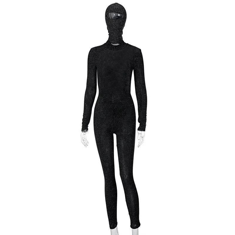 Sequins Silk Jumpsuits With Headwear 2024 Autumn Women Sexy Turtleneck Backless Long Sleeve Skinny Overalls Party Club Rompers - Empire P.E