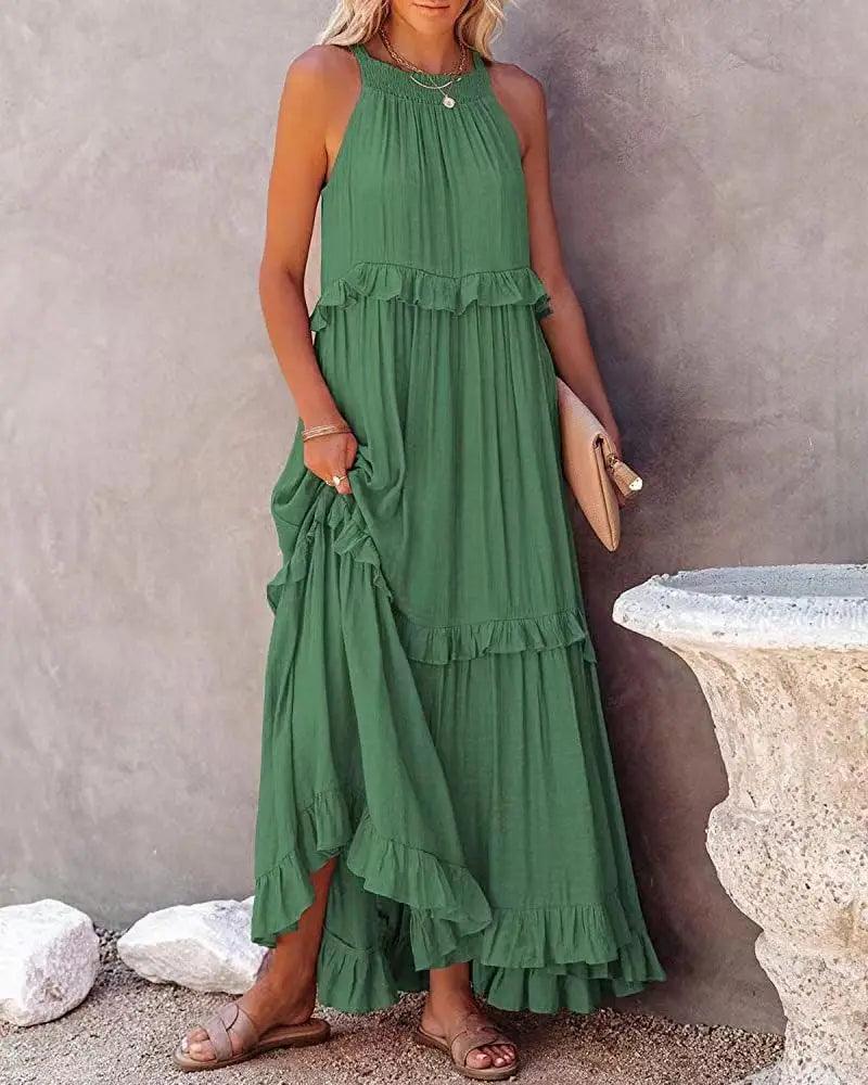 Women Casual Solid Ruffles Long Dress - Empire P.E