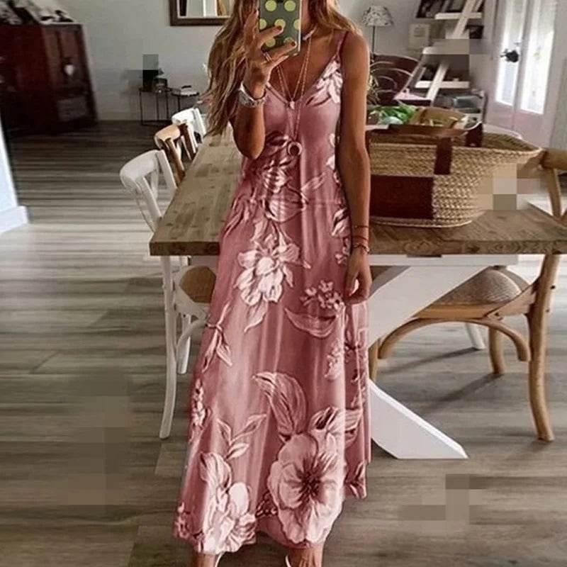 Woman Summer Long Dress Sling New Milk Silk Slim Floral Flowers Print Sleeveless V Neck Maxi Dresses Clothing Vestidos YRW6820 - Empire P.E