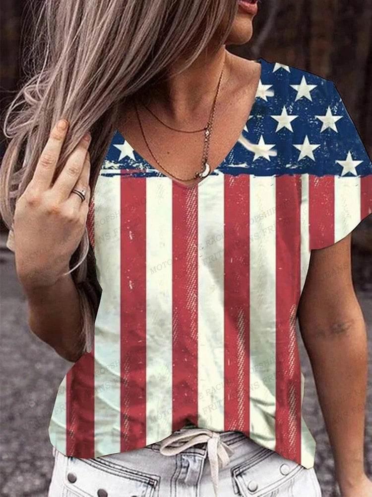 American Flag 3d Print T-shirt Women Fashion V-Neck T-shirts Short Sleeve Tops Tees Loose Casual Tees Vintage Camisetas USA Flag - Empire P.E