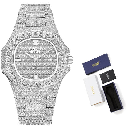Wholesale Men Women Diamond Iced Out Watch Stainless Steel Big Crystal Stone Quartz Wristwatches for Mens Full Paved - Empire P.E