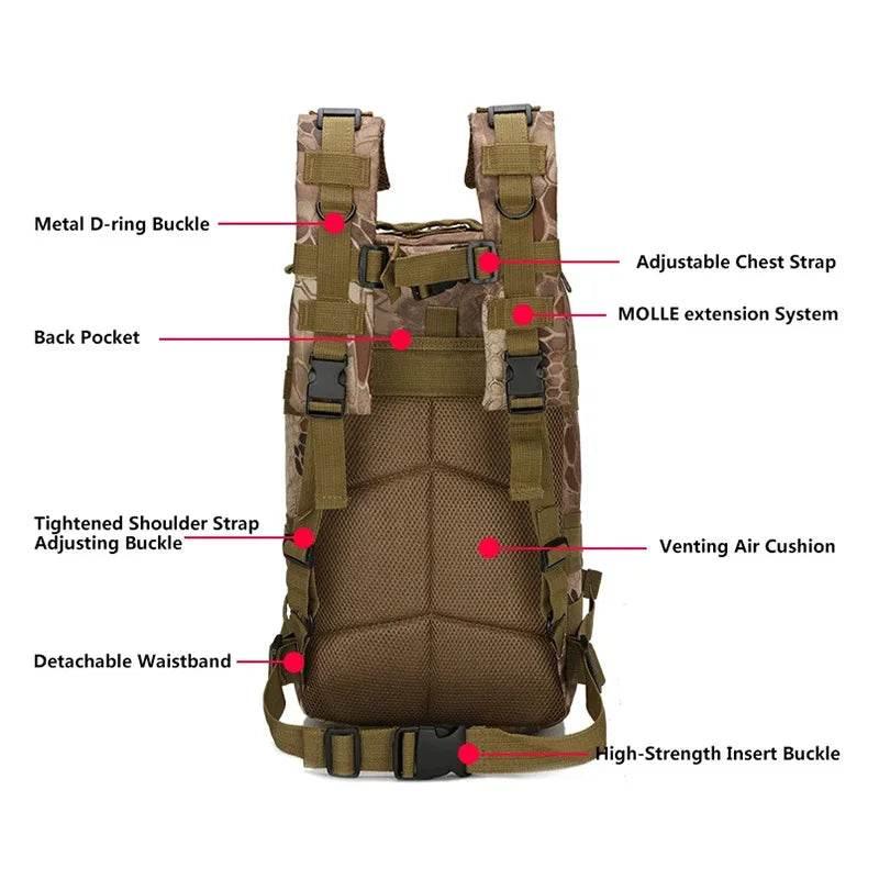 Men's Classic Tactical Backpack Travel Sports Camouflage Bag Outdoor Climbing Hunting Backpack Fishing Hiking Nylon 3P Pack Bag - Empire P.E