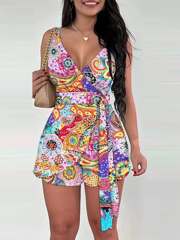 Elegant Women Sexy V-neck Sleeveless Wrap Lace Up Top & Shorts Set - Empire P.E