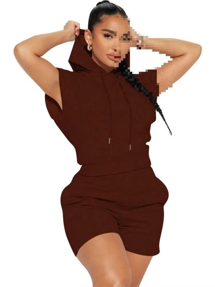 Summer 2024 Women's New Sexy Sleeveless Fashion Casual Sports Short Sleeved Hooded 3/4 Shorts Two Piece Set For Women - Empire P.E