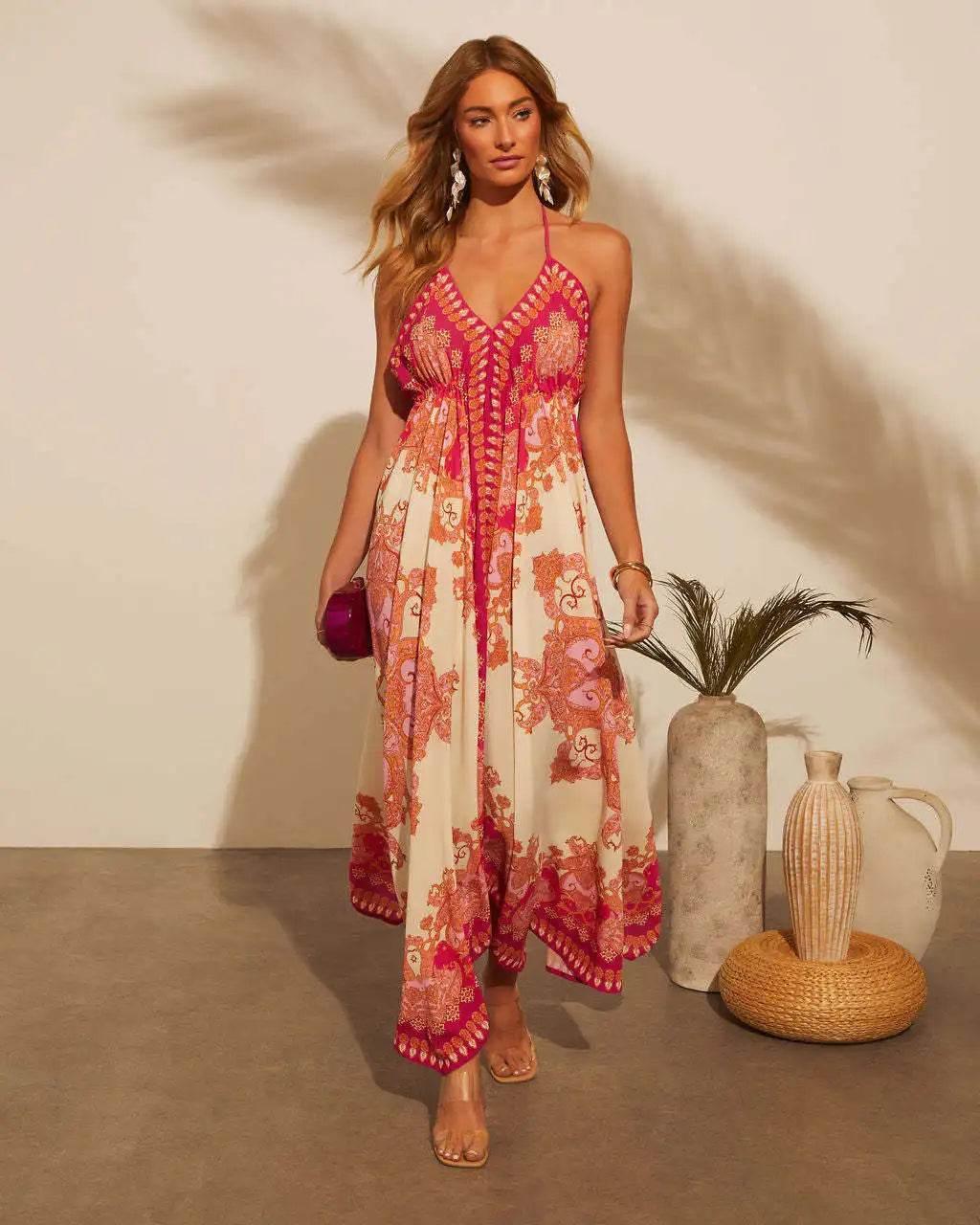 Women's Summer V-neck Halter Bohemian Floral Long Dress,Women Clothing,Red Dress,Sexy Dress Women,Sundress,Beach Dresses - Empire P.E