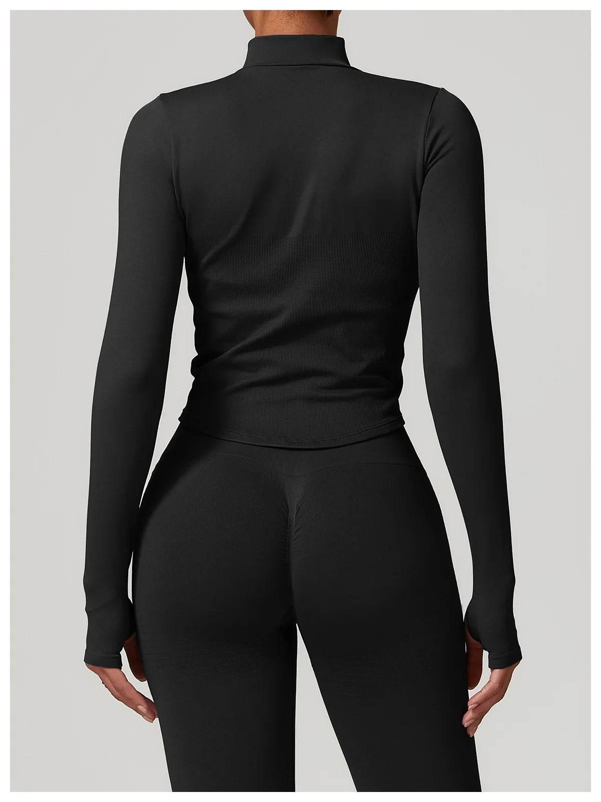 Women Seamless Zipper Jacket Yoga Long Sleeved Gym Top Ribbed Yoga Stand Collar Jacket Running Workout Sport Coat Women's Shirts - Empire P.E