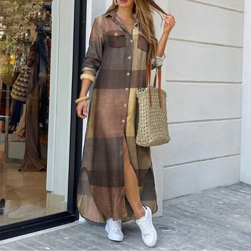 Long Sleeve Dress Plaid Robe Maxi Beach Dress - Empire P.E
