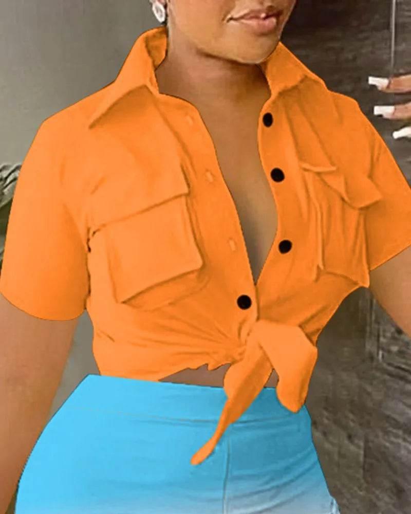 Pant Sets Women Printed Short Sleeved Shirt, 2-piece Suit With Pockets, Shoelace Top, Shorts, Thin Handbag, Summer - Empire P.E