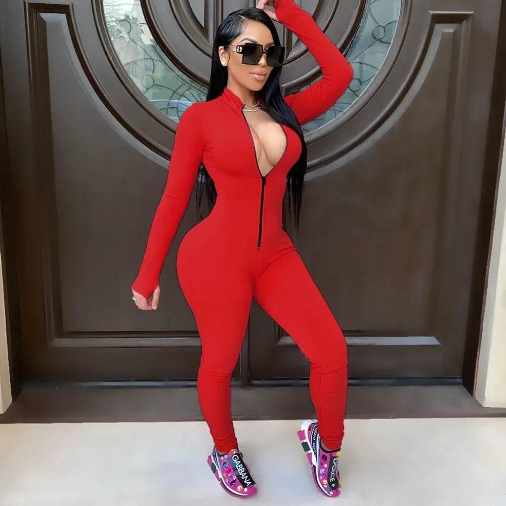 Sexy Solid Color Long Sleeve Deep V Bodycon Rompers Womens Jumpsuit Sport Suit Fashion Zip Up Long Pants Overalls Fitness Set - Empire P.E