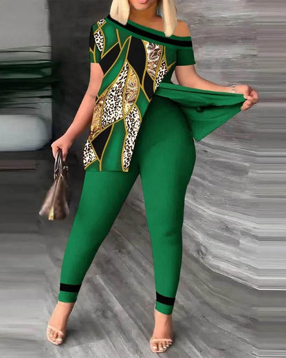 Elegant Women Two Piece Set Suits New Fashion Printed Ruffle Sleeve Top Solid Color Pants Set With Belt Blouses Female Clothing - Empire P.E