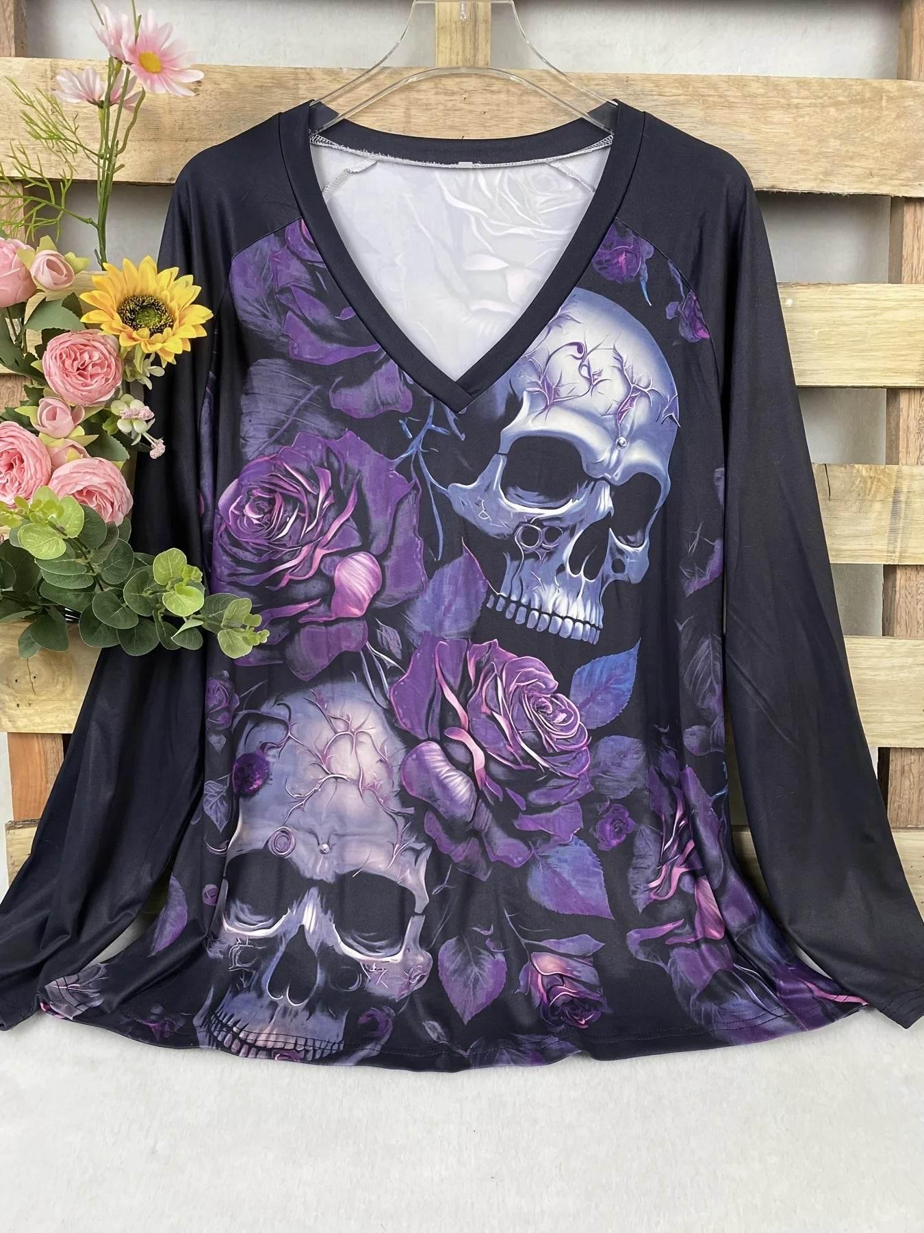 Women's Plus Size Skeleton & Floral Print T-shirt Casual Long Sleeve V Neck Top For Spring & Fall Clothing For All Saints' Day - Empire P.E