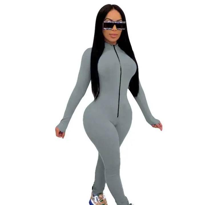 Sexy Solid Color Long Sleeve Deep V Bodycon Rompers Womens Jumpsuit Sport Suit Fashion Zip Up Long Pants Overalls Fitness Set - Empire P.E