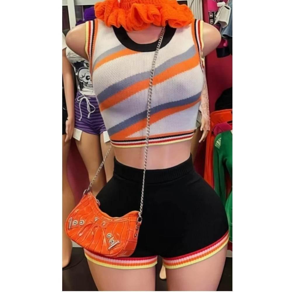 HLJ Fashion Knitted Striped 2 Piece Sets Woman Outfit Slim O-neck Crop Top + Shorts Casual Crochet Tracksuits Female Clothing - Empire P.E