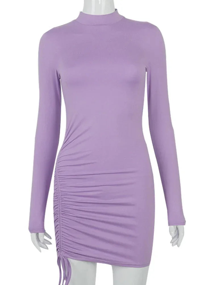 Long Sleeve Ruched Bodycon Dress Women Turtleneck Bandage Mini Dresses Autumn Black Skinny Stretchy Party Vestidos - Empire P.E