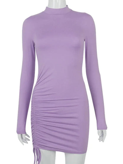 Long Sleeve Ruched Bodycon Dress Women Turtleneck Bandage Mini Dresses Autumn Black Skinny Stretchy Party Vestidos - Empire P.E