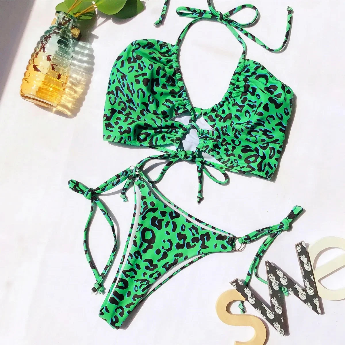 Sexy  Leopard Push Up Drawstring Bikini Set