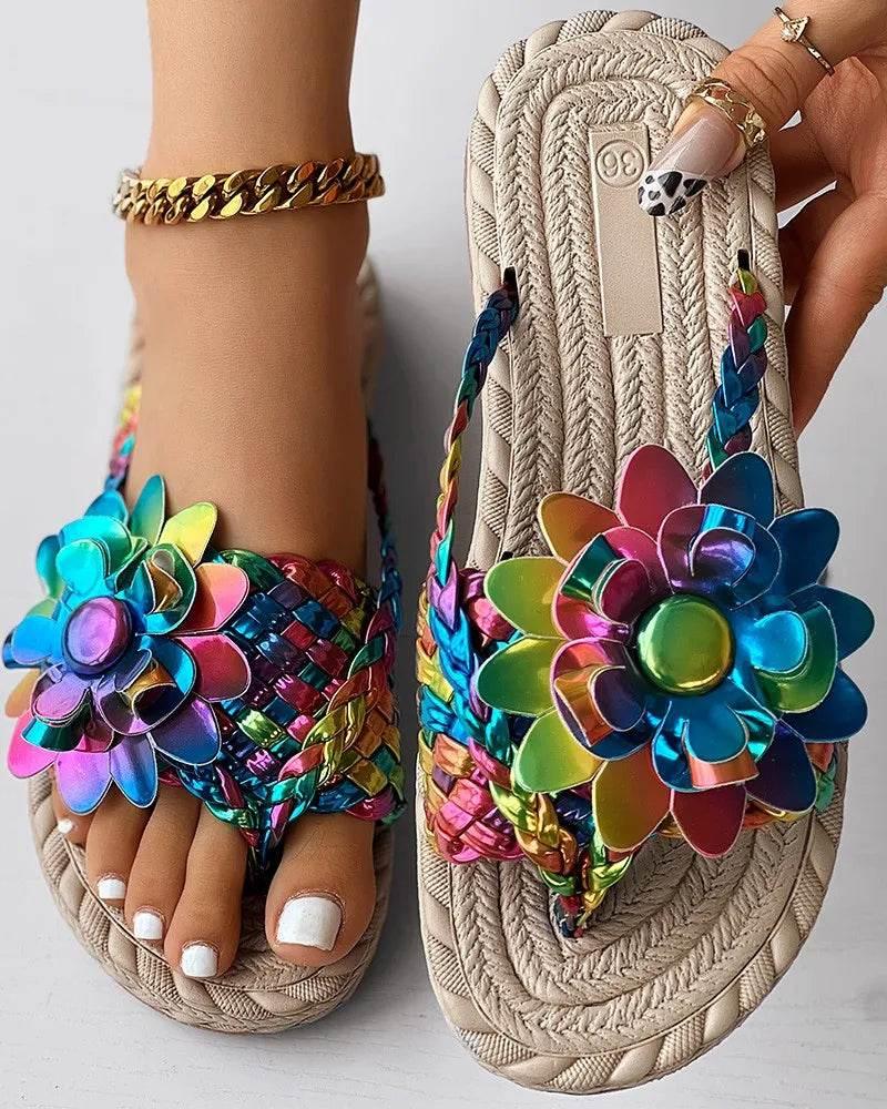 Slippers Women Ombre Floral Pattern Braided Casual Shoes Vacation Flat Holographic Braided Floral Pattern Toe Beach Flip Flops - Empire P.E