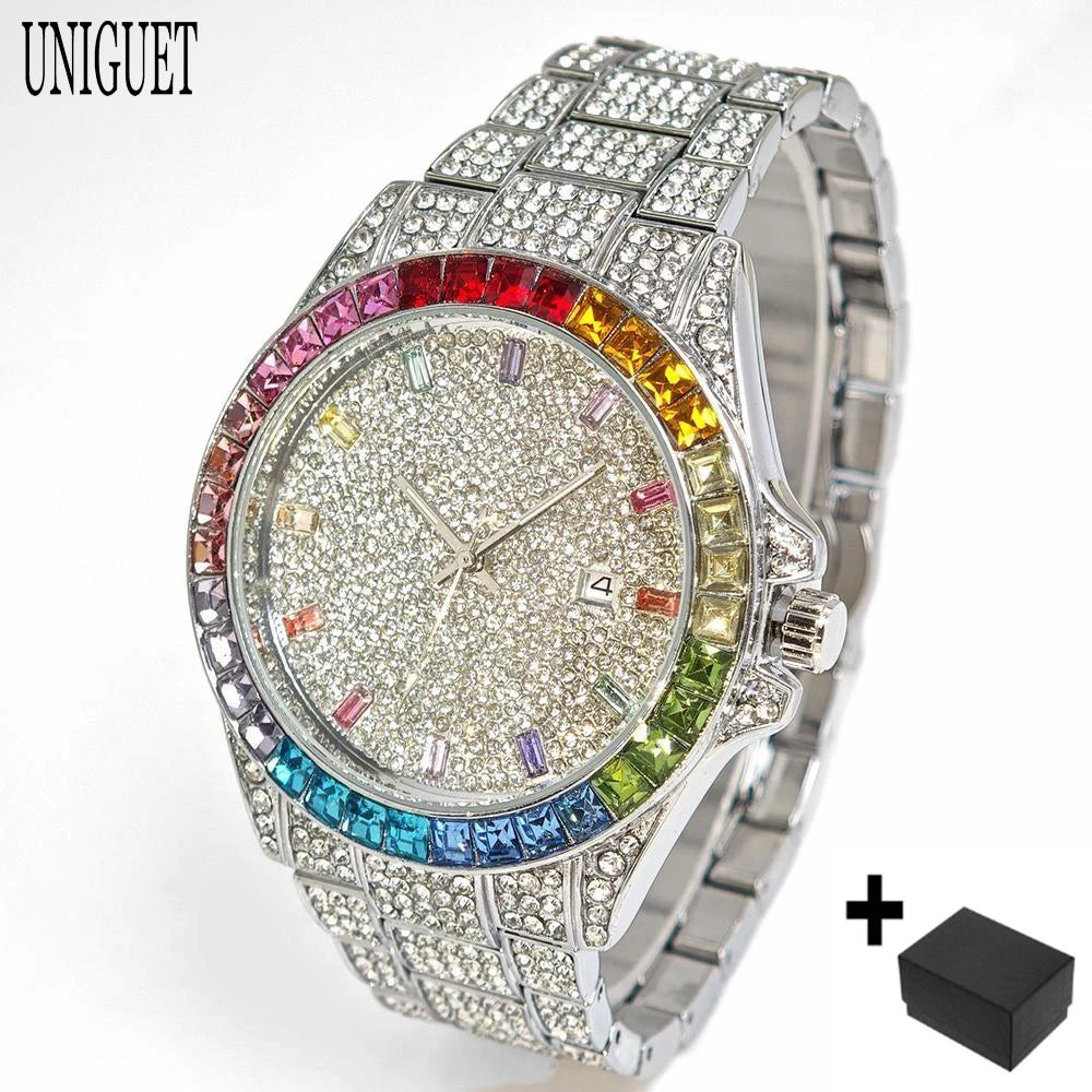 Men's Hip Hop Rainbow Diamond Shiny Jewelry Fashion Gold Watch