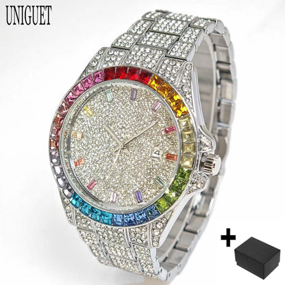 Men's Hip Hop Rainbow Diamond Shiny Jewelry Fashion Gold Watch