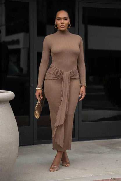 Mozision Elegant Long Sleeve Sexy Maxi Dress For Women Gown Fashion Drape Turtleneck Ruched Bodycon Club Party Long Dress - Empire P.E