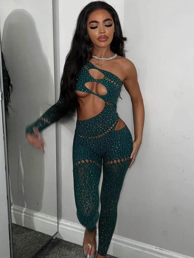 Sibybo Sexy Single Rotator Cuff Hollow Out High Elastic Jumpsuit Luminous Rhinestones Solid Color Trousers Spicy Girl Streetwear - Empire P.E