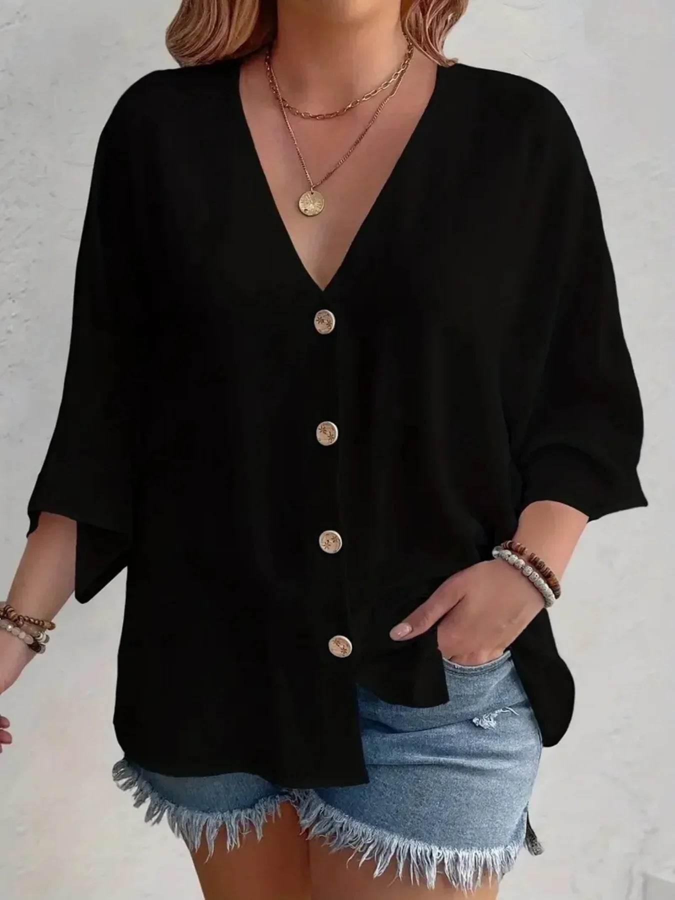 Women's Plus-size T-shirt Solid Color Breathable Spring/summer V-neck Button Travel Casual Wear with European and American Style - Empire P.E