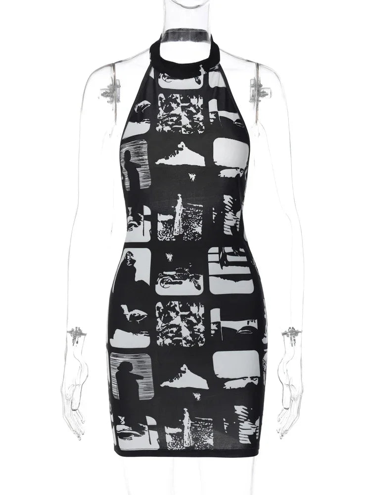 Hugcitar Vintage Print Halter Sleeveless Backless Sexy Slim Bodycon Mini Dress 2023 Summer Y2K Outfit Streetwear Nightclub Biker - Empire P.E