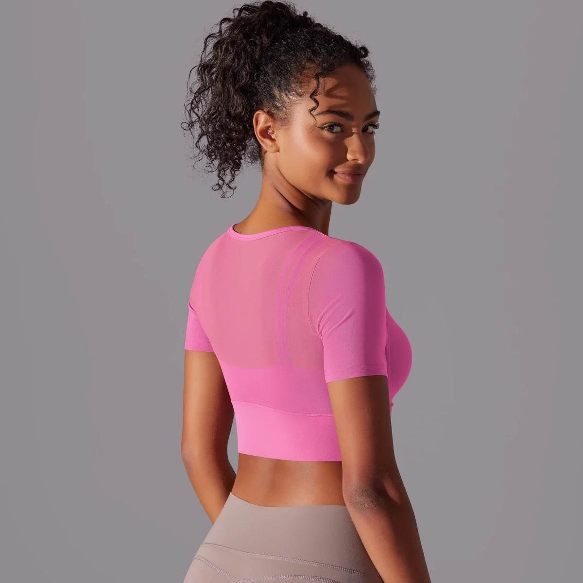 Solid Color Yoga Short Sleeve Sexy Double Layer Yoga Tank Top Spliced Mesh Yoga Clothing Top Fitness Running Sports Bra Women - Empire P.E