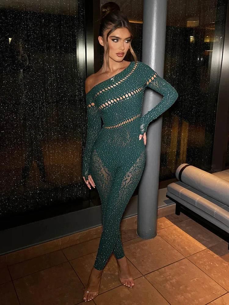 Sibybo Off Shoulder Long Sleeve Jumpsuits Women Fashion Rhinestones High Stretch Hollow Out Sexy Overalls Sparkly Party Rompers - Empire P.E