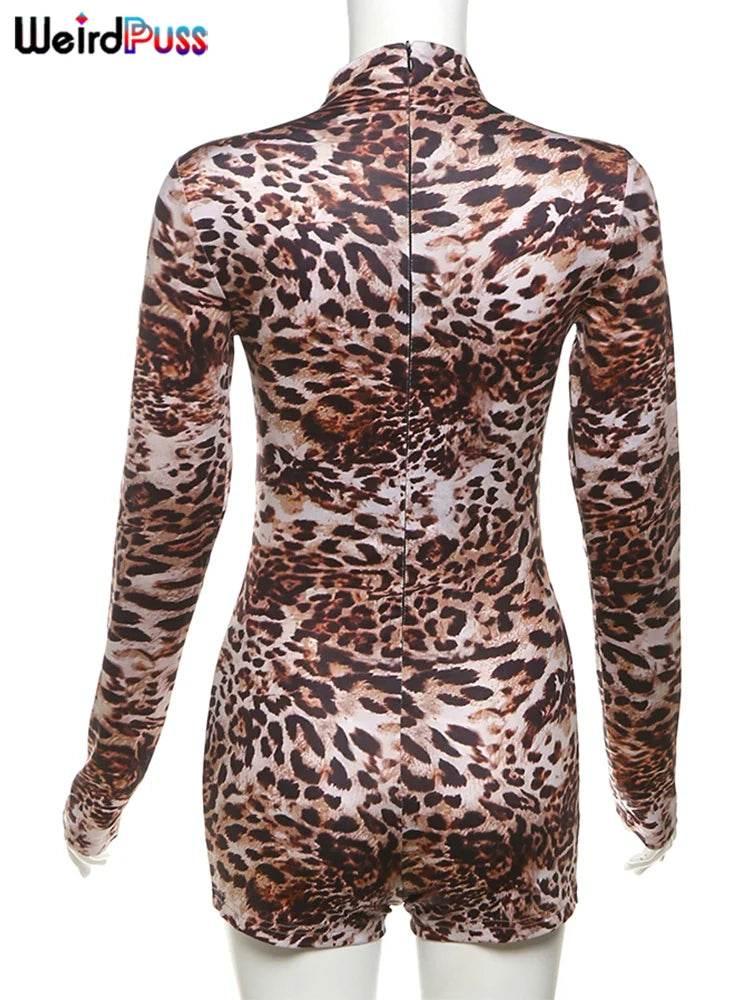 Weird Puss Leopard Print Romper Women 2024 Autumn Trend Hipster Long Sleeve O-Neck Skinny Stretch Streetwear Sexy Playsuits - Empire P.E