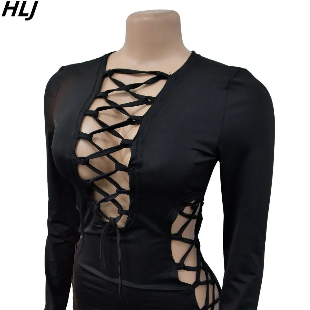 HLJ Sexy Solid Hollow Out Bandage Slit Bodycon Mid Dresses
