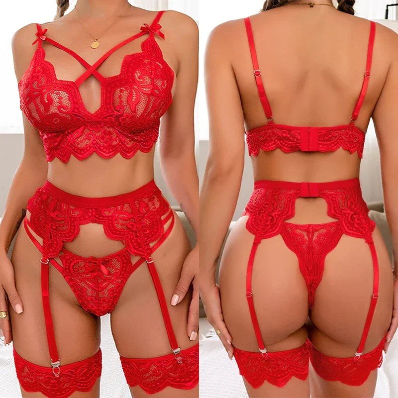 Sexy Babydoll Lace Hollow Bra And Panty