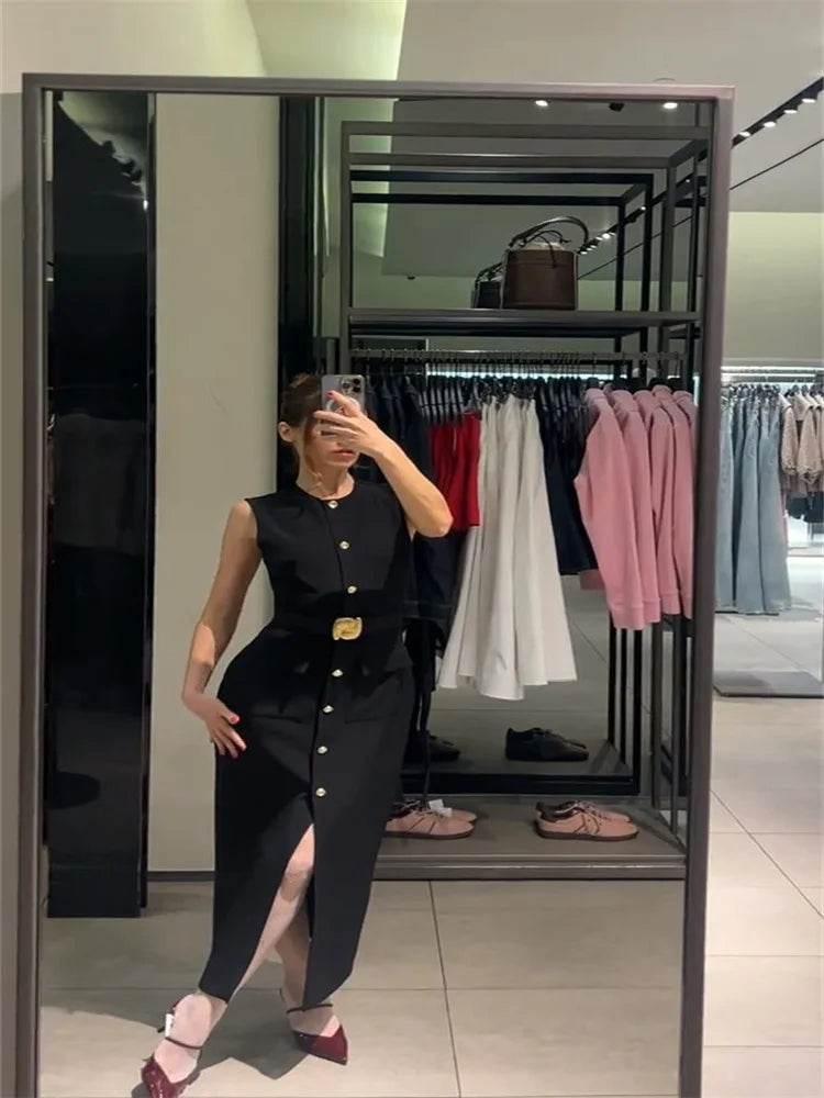 Black Long Dress Women With Belt Elegant Slim Single Breasted Sleeveless Front Split Dresses Female 2025 New Summer Lady Vestido - Empire P.E