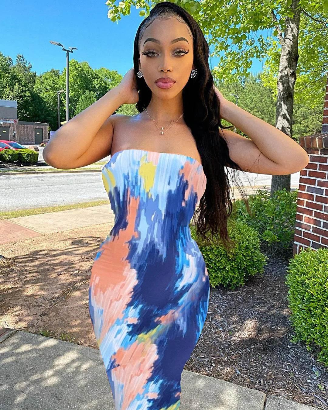 Spring And Summer Dresses For Women Chest Wrap Printed Off Shoulder Bandage Slim Sexy Long Dress 2023 New Fashion party MsChuh - Empire P.E